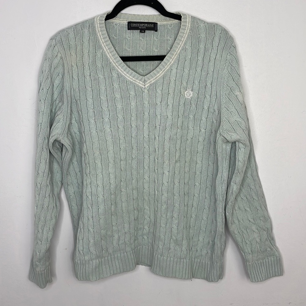 Simons cotton cable knit v neckline preppy sweater